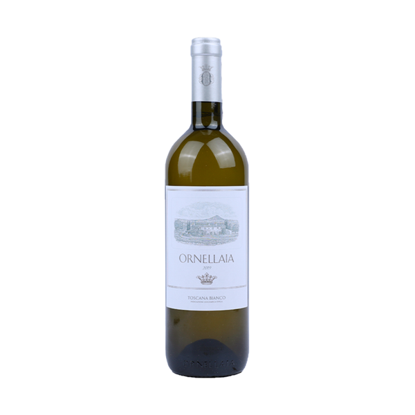 A bottle of Ornellaia Bianco Toscana IGT 2019 white wine with a label that includes the name Ornellaia and the product line 'Vigna Mira'.