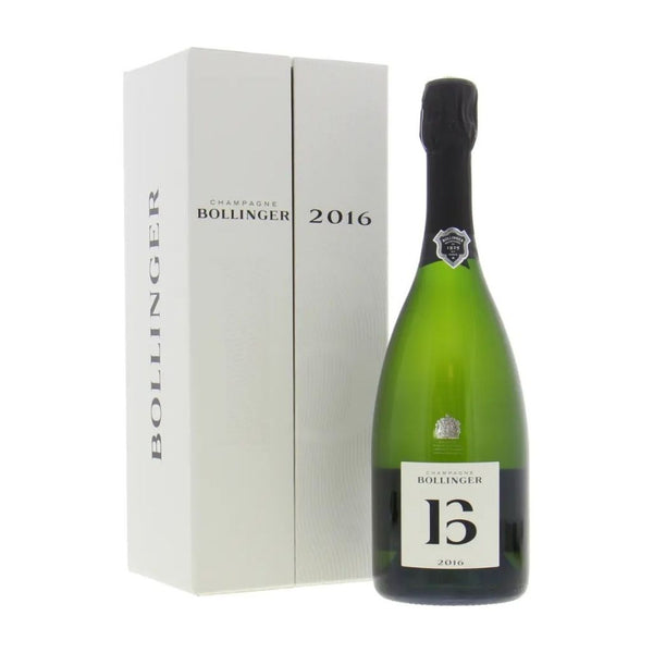 Bollinger champagne bottle and box on a white background