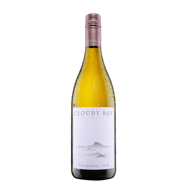 A bottle of Cloudy Bay Chardonnay 2018 wine with a white label and some text, standing against a plain background.