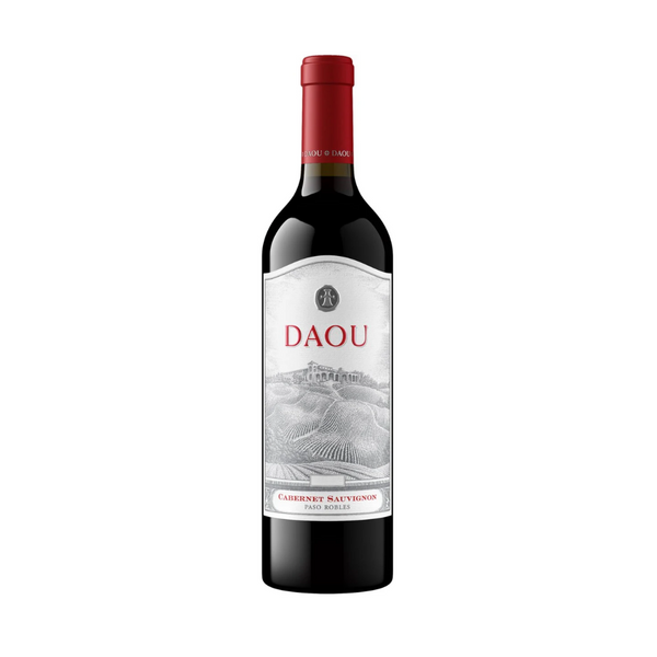 A bottle of Daou Vineyards Cabernet Sauvignon 2023 wine with a label that includes the brand name and the type of wine. The background is plain.