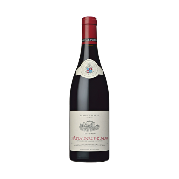 A bottle of 2022 Famille Perrin Châteauneuf-du-Pape 'Les Sinards' Rouge wine with a dark label and red cap.