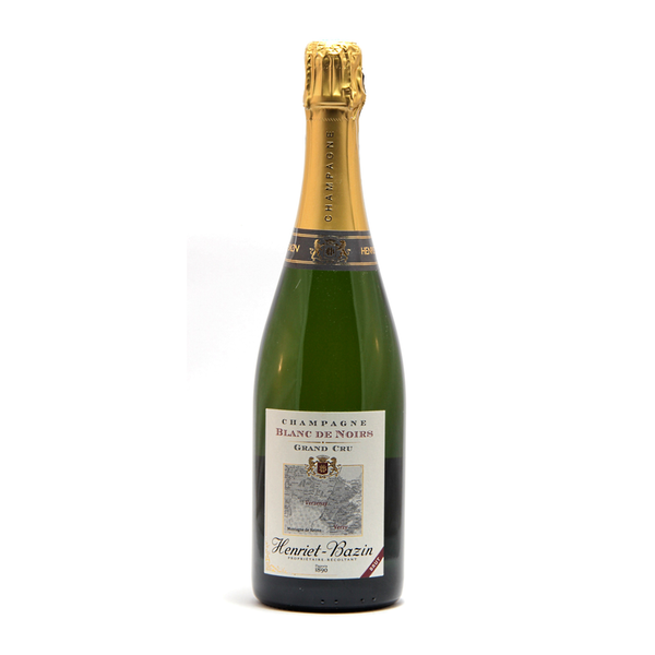 A bottle of Henriet-Bazin Extra Brut Blanc de Noirs Grand Cru Champagne with a golden foil top and a label that includes the brand name and 'GRAND CRU' designation.