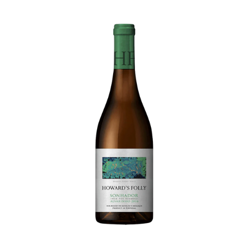 A bottle of Howard's Folly Alvarinho 2019 white wine with a label featuring a green and blue floral design.
