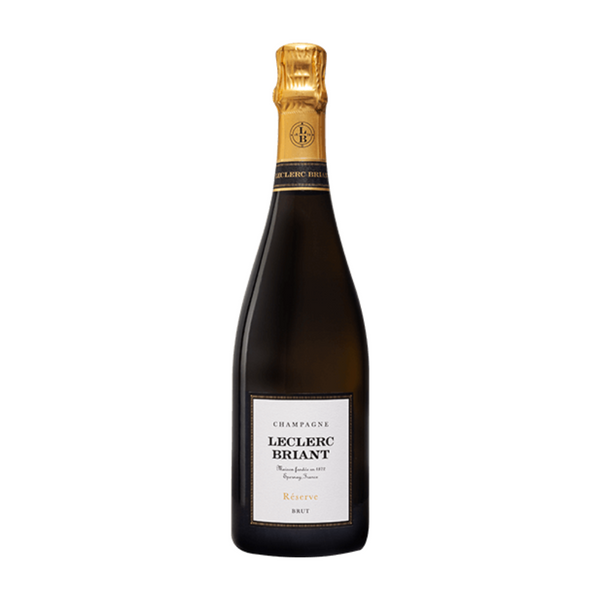 A bottle of Leclerc Briant Reserve Brut champagne with a golden foil top and a label that includes the brand name and 'Réserve' indicating a reserve product.