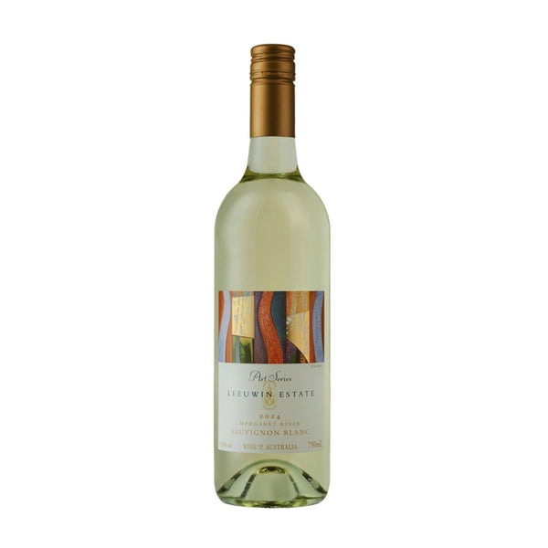 Bottle of Leeuwin Estate Art Series Sauvignon Blanc 2024 wine with a colorful label on a white background