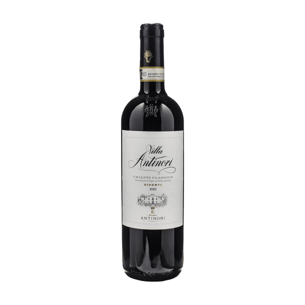 Red wine bottle with Villa Antinori label on a white background