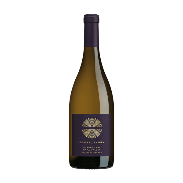 Quattro Theory Chardonnay 2022 bottle with a purple label on a white background