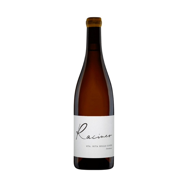 A bottle of Racines Santa Rita Hills Chardonnay 2020 wine with a white label on a clear background.