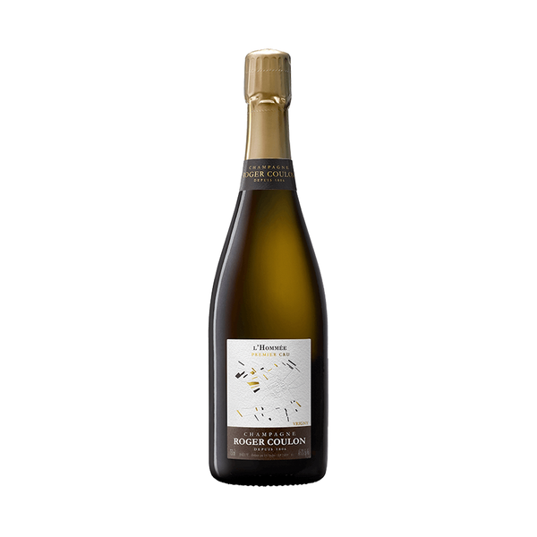 A bottle of Roger Coulon L'Hommee 1er Cru Extra Brut Champagne with a beige label and a golden cap.