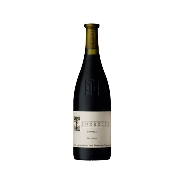 This image features a bottle of Torbreck The Struie 2018 wine, highlighted by its elegant and classic packaging. The wine bottle is tall with a slim neck, topped with a dark cork.