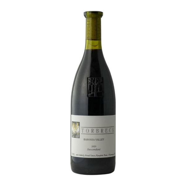 A bottle of Torbreck Descendant 2020 wine with a label indicating it is a single vineyard Shiraz Viognier blend from the Barossa Valley.