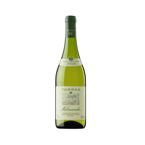 A bottle of Torres Milmanda 2016 white wine with a label depicting grapes and the brand name.