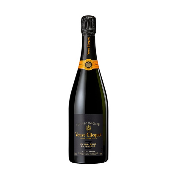 A bottle of Veuve Clicquot Extra Brut Extra Old Champagne with a black label and orange accents.