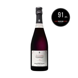 Bottle of Alexandre Bonnet Extra-Brut Rose NV with a James Suckling score label on a white background