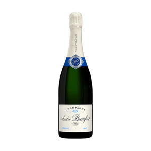 Andre Beaufort a Polisy Brut Reserve Champagne bottle with white label on a white background