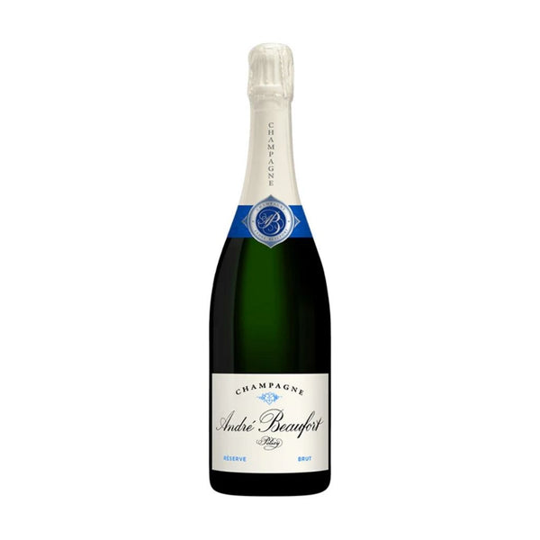 Andre Beaufort a Polisy Brut Reserve Champagne bottle with white label on a white background