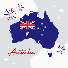 Map of Australia with the Australian flag and 'Australia' text on a light gray background with fireworks.