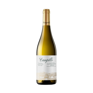 Bottle of Bodegas Campillo Blanco Fermentado en Barrica 2022 wine with a white label and golden text.