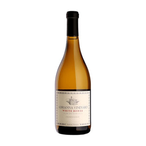 Wine bottle with 'Adrianna Vineyard White Bones' label on a white background
