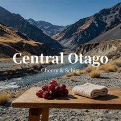 Table with grapes and a blanket in a mountainous landscape with 'Central Otago' text.