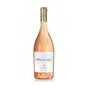 A bottle of Cháteau d'Esclans Whispering Angel Rosé 2023 wine with a pink hue and a white label featuring the wine details.