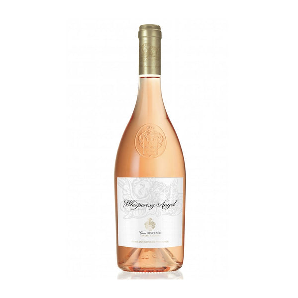 A bottle of Cháteau d'Esclans Whispering Angel Rosé 2023 wine with a pink hue and a white label featuring the wine details.