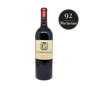 Red wine bottle with Dompierre label and Wine Spectator score 92 on a white background