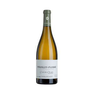 Bottle of Château des Quarts Pouilly-Fuisse Clos des Quarts Aux Quarts Monopole 1er Cru 2021 wine with a white label and green cap.
