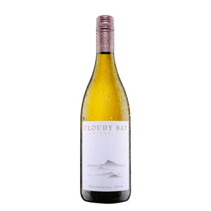 A bottle of Cloudy Bay Chardonnay 2018 wine with a white label and some text, standing against a plain background.