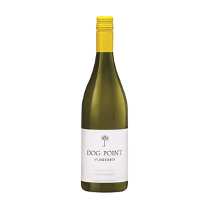 Dog Point Chardonnay bottle with yellow cap and white label on a white background
