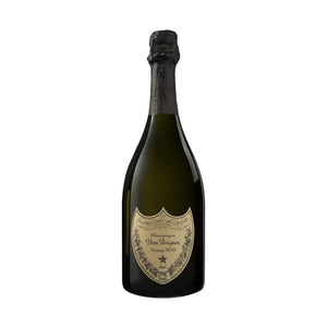 A bottle of Dom Pérignon Champagne 2018 champagne with a gold crest label and a black foil top, isolated on a white background.