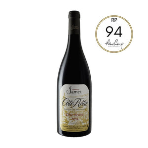 Domaine Jamet Cote Rotie bottle with a label on a white background