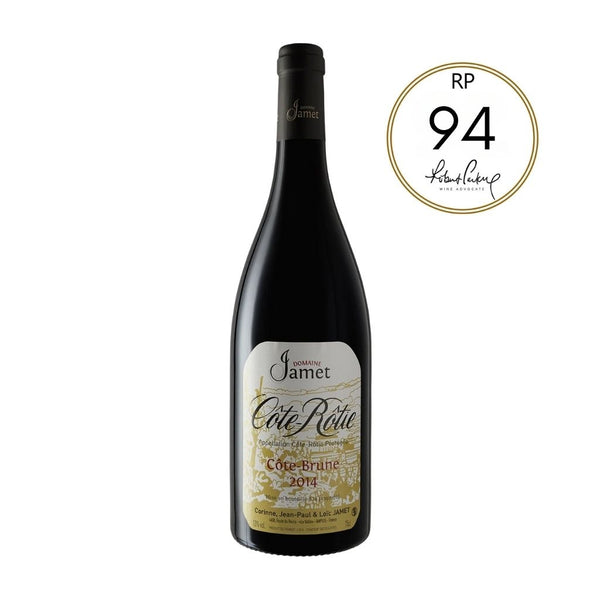 Domaine Jamet Cote Rotie bottle with a label on a white background