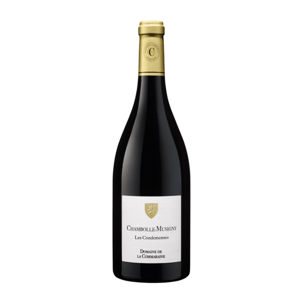Domaine de la Commaraine Chambolle-Musigny Les Condemennes 2023 Wine bottle with gold cap and white label on a white background