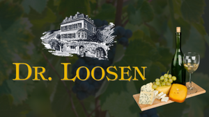 Dr. Loosen wine advertisement with a bottle, glass, and cheese platter on a dark background.