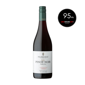 Bottle of Felton Road MacMuir Pinot Noir 2023 with a James Suckling point rating on a white background