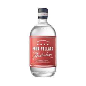 A clear glass bottle of Four Pillars Modern Australian Gin with a prominent red label and a dark grey cap, shown on a plain white background.