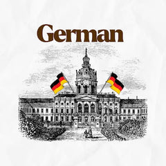 Illustration of a building with German flags and the word 'German' on a white background