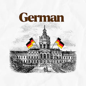 Illustration of a building with German flags and the word 'German' on a white background