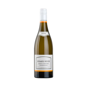 A bottle of Kumeu River Mate's Chardonnay 2023 wine with a white label and orange text accents.