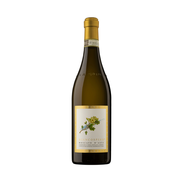 A bottle of La Spinetta Moscato d'Asti Biancospino 2024 wine with a white label and green floral accents.