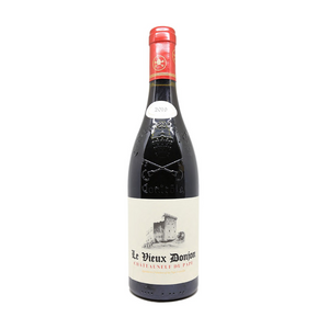 A bottle of Le Vieux Donjon Châteauneuf-du-Pape Rouge 2022 wine with a red label and cap, and a medieval castle illustration on the label.