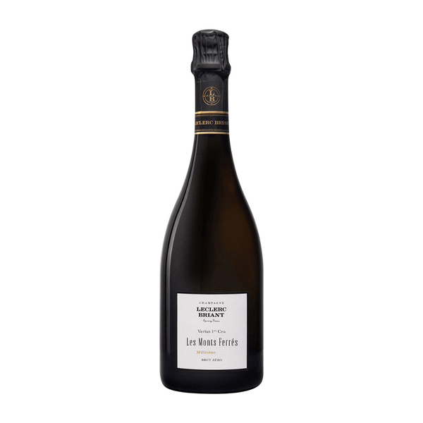 Bottle of Leclerc-Briant Les Monts Ferres Vertus Premier Cru Brut Zero 2018 champagne with a visible label on a white background
