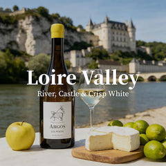 Bottle of wine with a scenic background of a castle and river in the Loire Valley.