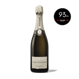 Louis Roederer champagne bottle with a James Suckling point rating on a white background