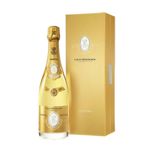 Louis Roederer Cristal 2015 champagne bottle and packaging on a white background