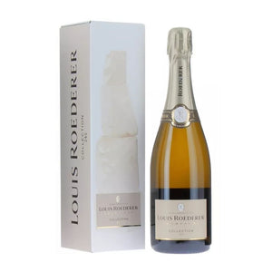 Louis Roederer champagne bottle and gift box on a white background