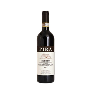 A bottle of Pira Barolo red wine from Serrallunga d'Alba 2021, featuring a dark glass bottle with a cream-colored label and black cap, set against a plain white background.