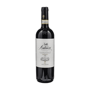 Red wine bottle with Villa Antinori label on a white background