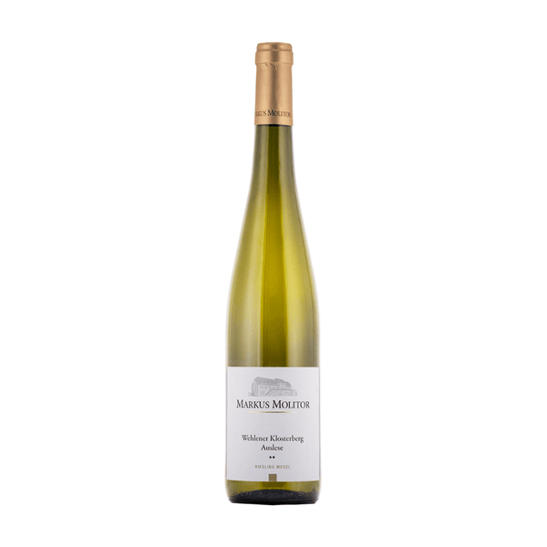 Markus Molitor Wehlener Klosterberg Riesling Auslese** 2017 with gold foil cap and white label on a white background